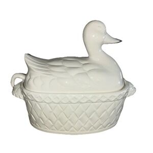 Himark Soup Tureen Duck Basket Weave Base with Ladle 1983 Japan *flaw